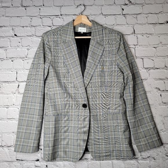 Milly Italian Check Boyfriend Suiting Jacket Single Button Blazer Wool Shell Med